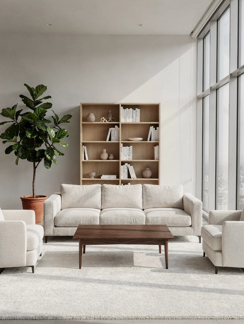 Serene and light-filled therapy office with comfortable seating and natural plants